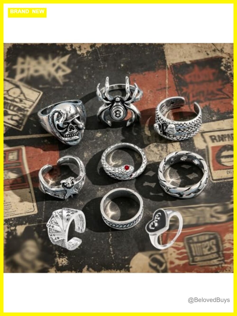 Gothic Punk Stackable Rings Set Silver Tone Adjustable - Picture 5 of 5